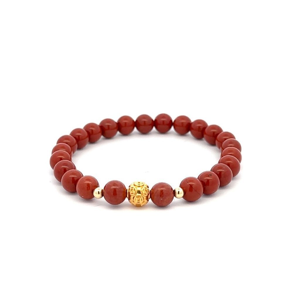 18K Gold Money Ball Lucky Charm Beads Bracelet Gemstones Red Jasper 6mm